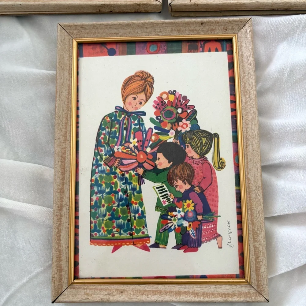 Vintage 70s colorful set of 3 art work print in wood frames mother child